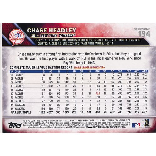 2016 Topps Baseball 194 Chase Headley New York Yankees