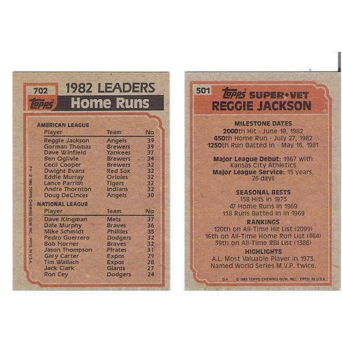 Two 1983 Topps Reggie Jackson baseball cards 501, 702 - NM – Angels