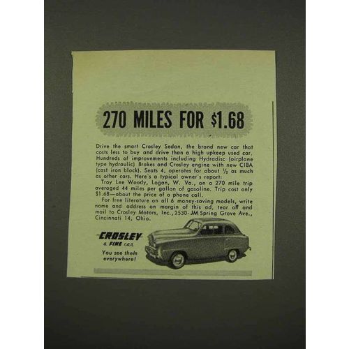 1949 Crosley Sedan Car Ad - 270 Miles for $1.68