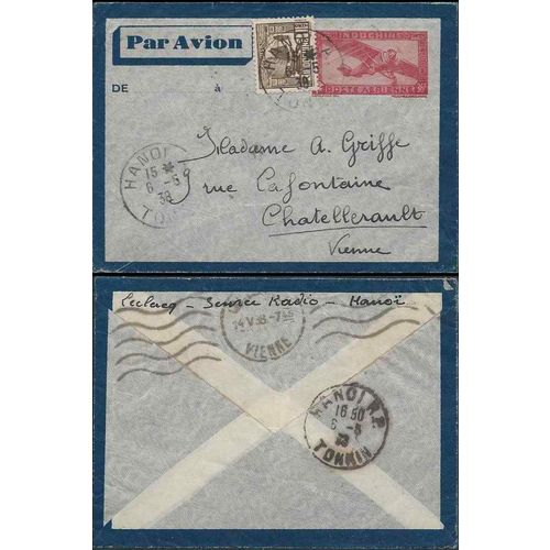 French Indo China Viet Nam 1938 Aerogram Hanoi to Châtellerault, France Air Mail