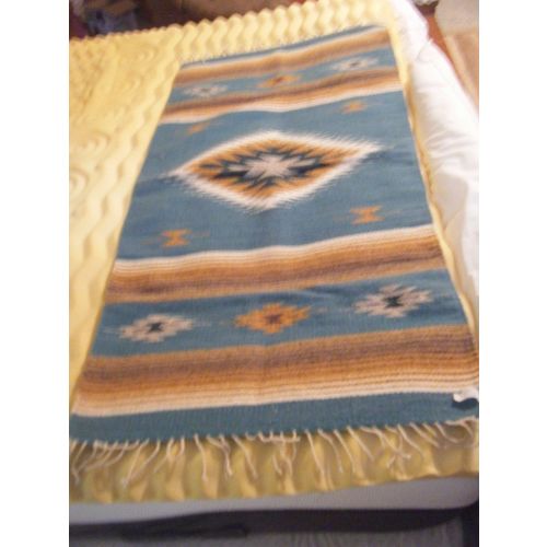 Handmade Artesanias Mexicanas Turquoise Blue Southwest Design Wool Rug - 57 X 30