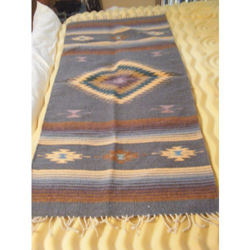 Handmade Artesanias Mexicanas Turquoise Blue Southwest Design Wool Rug - 57 X 30