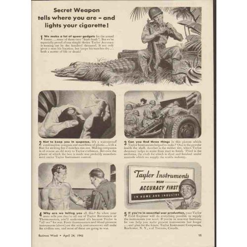 TAYLOR INSTRUMENT CO 1943 secret weapon tells where you are vintage ad