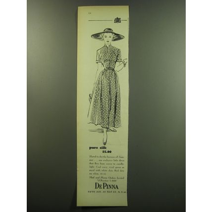 1949 De Pinna Dress Advertisement - Pure Silk 25.00