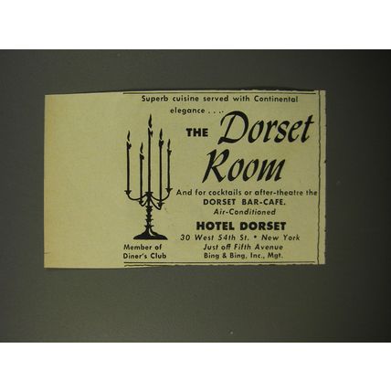 1954 Hotel Dorset Ad - Superb cuisine served with Continental elegance
