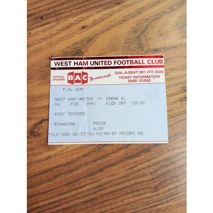 1991 FA Cup 5th Round Programme & Ticket – West Ham vs Crewe Alexandra