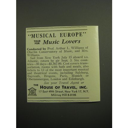 1960 The House of Travel, Inc. Ad - Musical Europe Tour for Music Lovers