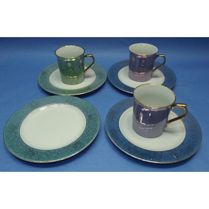 3 Pottery Barn Mugs Cups 4 Bread Plates Porcelain Hiraki Iridescent Purple Green