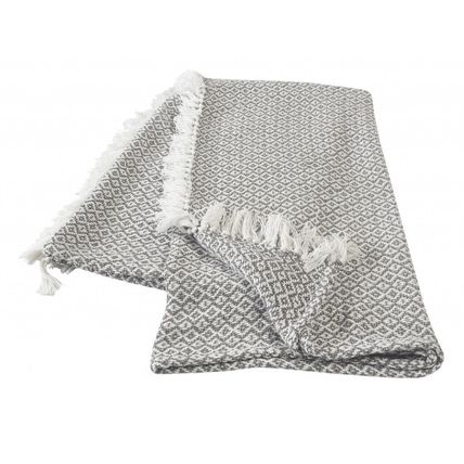 Gray and White Woven Cotton Geometric Throw Blanket