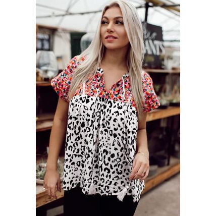Leopard Mix Print Tassel Tie Blouse