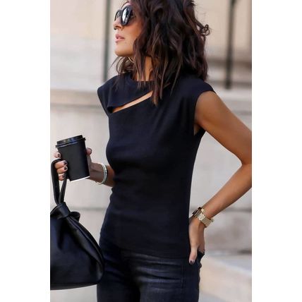 Black Slash Cutout Cap Sleeve T Shirt