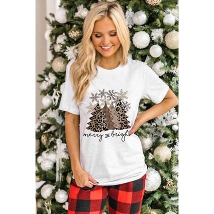 White Leopard Christmas Tree Graphic Print Crew Neck T Shirt