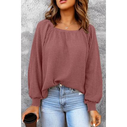 Square Neck Puff Sleeve Waffle Knit Top
