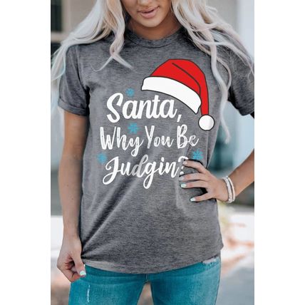 Gray Christmas Santa Hat Snowflake Letter Print Graphic Tee