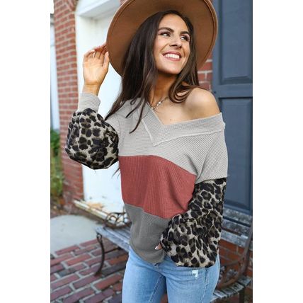 Red Wild Leopard Contrast Sleeve Colorblock Waffle Knit Top