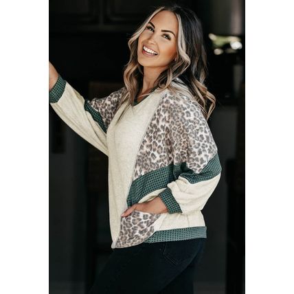 Leopard Colorblock Patchwork Dolman Sleeve Plus Size Top