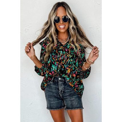 Multicolour Abstract Print 3/4 Puff Sleeve Ruffle Blouse