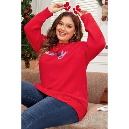 Fiery Red Tinsel merry Pattern Drop Shoulder Plus Size Sweater