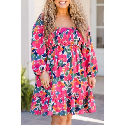 Rose Flower Print Smocked Square Neck Plus Size Dress