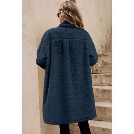 Blue Contrast Flap Pocket Single Breasted Teddy Coat