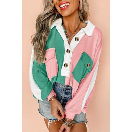 Pink Colorblock Ribbed Collared Oversized Sweatshirt