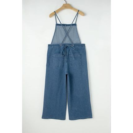 Dusk Blue Adjustable Tie Straps Cropped Wide Leg Denim Overalls