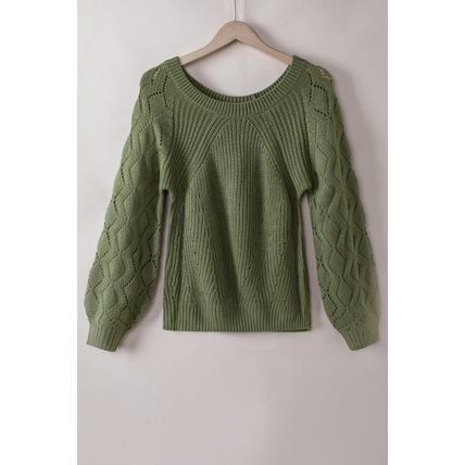 Green Hollow-out Puffy Sleeve Knit Sweater