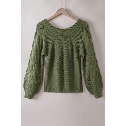 Green Hollow-out Puffy Sleeve Knit Sweater