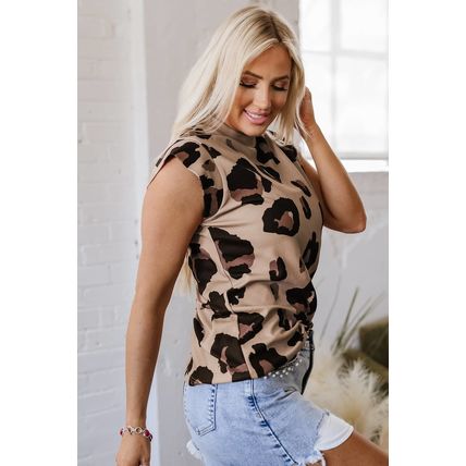 Khaki Leopard Crew Neck Cap Sleeve Casual Tee