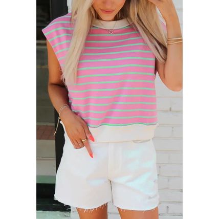 Sachet Pink Striped Crew Neck Cap Sleeve T Shirt