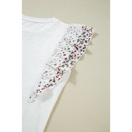 White Floral Lace Eyelet Patched Butterfly Sleeve Blouse