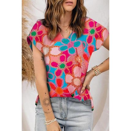 Pink Abstract Print V Neck Dolman Blouse