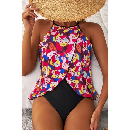 Purple Floral Print O Neck Open Back One Piece Swimsuit