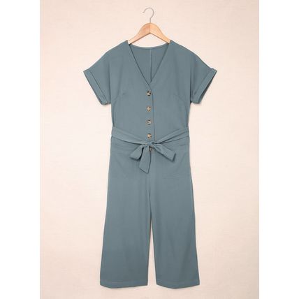 Blue Dolman Button Belted V Neck Wide Leg Pocketed Jumpsuit