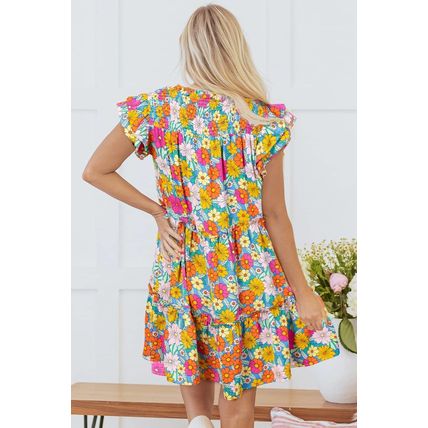 Sky Blue Floral Print Smocked Notch V Neck Flutter Sleeve Mini Dress