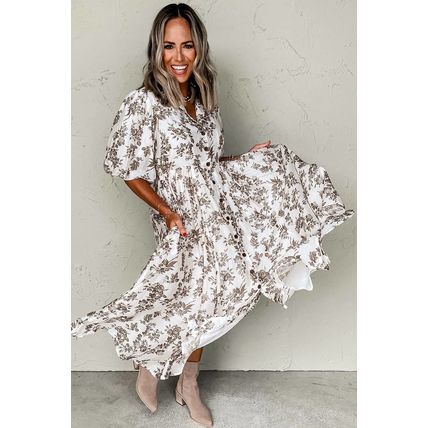 Khaki Floral Puff Sleeve V Neck Buttoned Front Maxi Dress