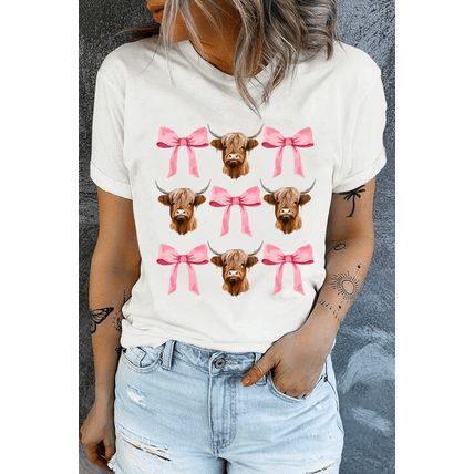 White Coquette Highland Cow Png Bows Graphic Tee