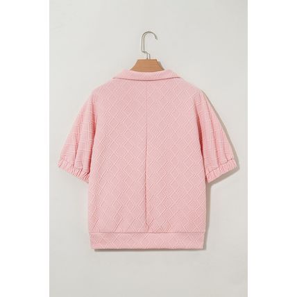 Light Pink Contrast Striped Collar Patchwork Textured Half Sleeve Blouse