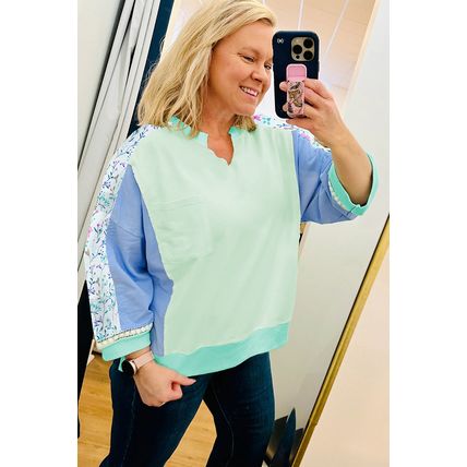 Green Color Block Floral Patchwork Long Sleeve Notched Neck Plus Size Top