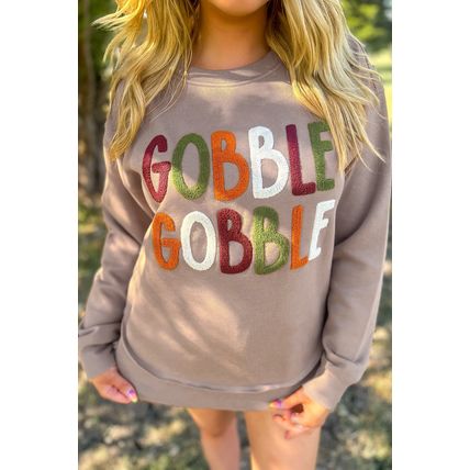 Dark Khaki GOBBLE Letter Graphic Thanksgiving Shift Sweatshirt