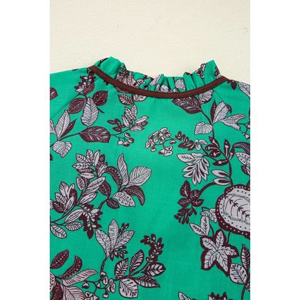 Green Leaves Print Contrast Trim V Neck Shirred Puff Sleeve Blouse