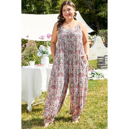 Multicolour Plus Size Paisley Print Sleeveless V Neck Jogger Jumpsuit