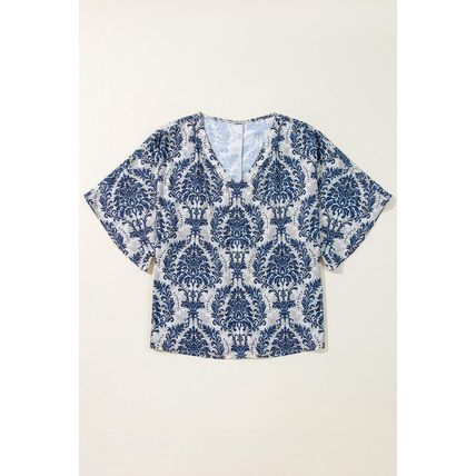 Blue Vintage Flower Tree Quarter Sleeve V Neck Blouse