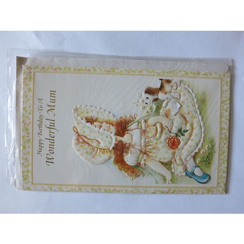 Happy Birthday To A Wonderful Mum Little White Girl Puppy Flowers Rose Card A5.