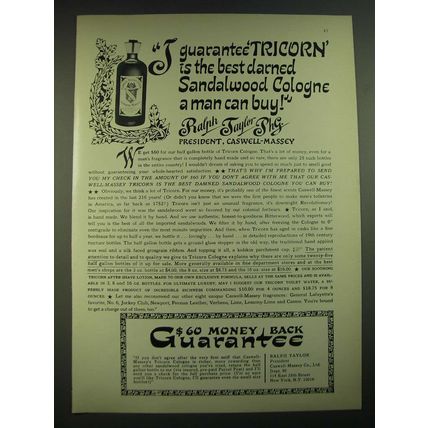 1968 Caswell-Massey Tricorn Cologne Ad - I guarantee Tricorn is the best