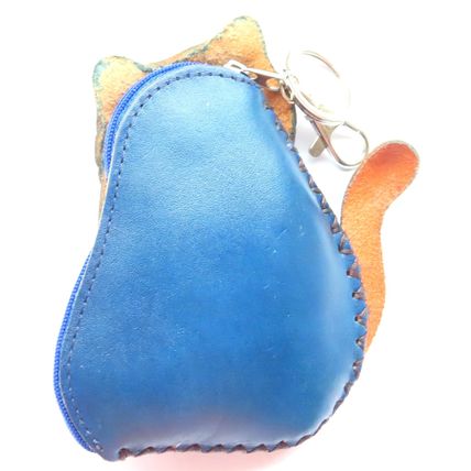 Blue Cat Shaped Leather Coin Purse on a Keyring 16 CM - 0018P