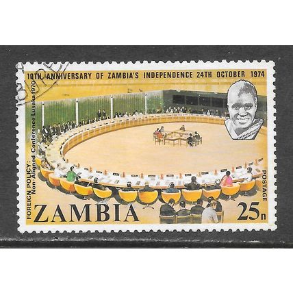 ZAMBIA 1974 FOREIGN POLICY INDEPENDENCE 10 YEARS USED 25n NON ALIGNED CONFERENCE