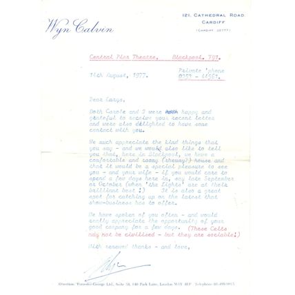 Wyn Calvin Welsh Theatre TV Comedian Stay At My House Signed 1977 Letter