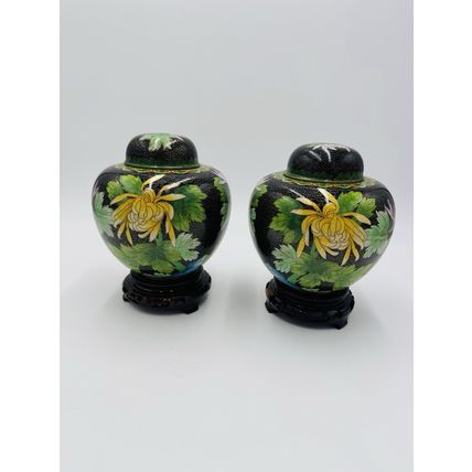 Vintage Cloisonne Brass Enameled Ginger Jar Floral Butterfly Inlay Design 7in
