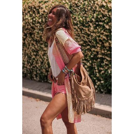 Pink Ribbed Short Sleeve Ombre Eyelet Knitted Cardigan